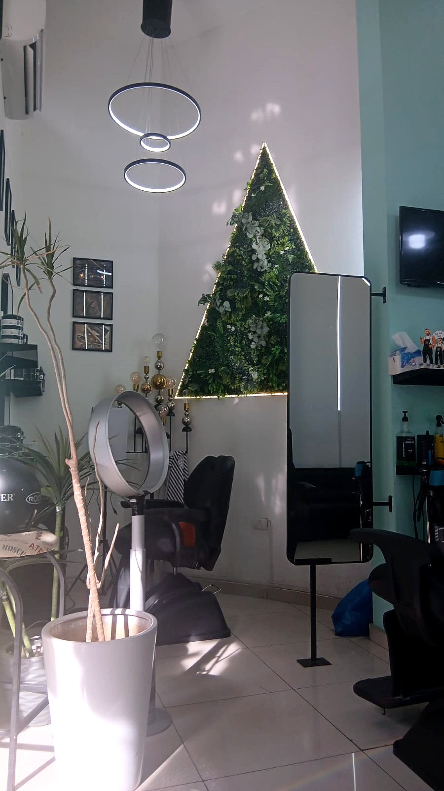 The lit triangle living wall beside a styling mirror
